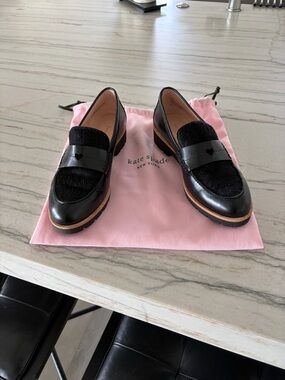 Kate Spade Black Leather & Haircalf Heart Penny Loafers with Tan Trim